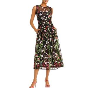AQUA FORMAL Womens Black Ruffled Mesh Floral Midi A-Line Dress Size 6 NWT